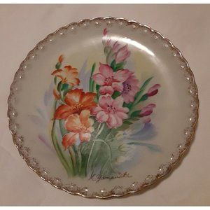 K Yamauchi, Signed Hand Painted Floral Plate with Gold Trim